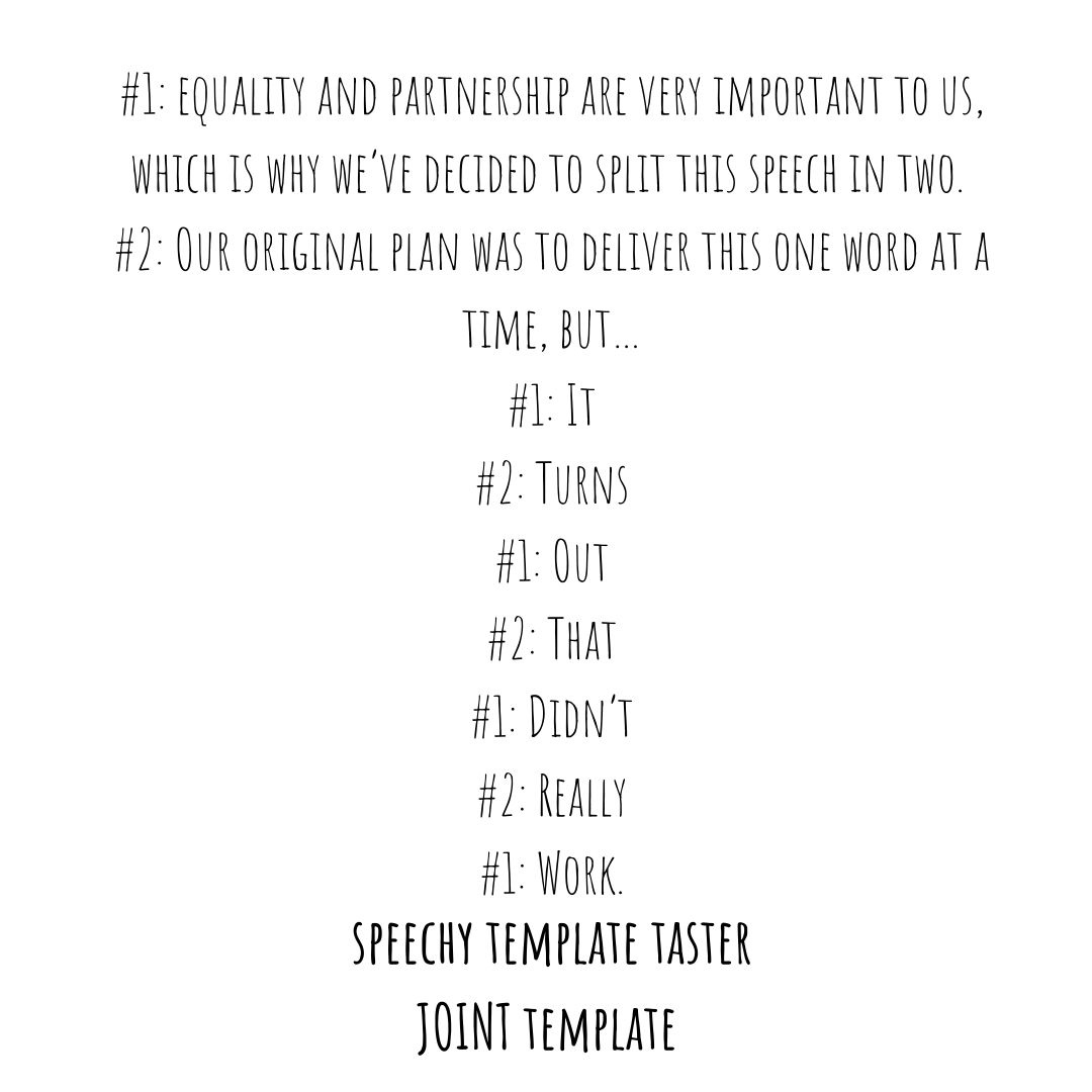 A taster of the Joint Speech Template 

ONLINE NOW 

For cool couples around the world getting hitched this year 

#wedding #wedding2020 #weddingplanning #weddingplanners #humour #comedy #weddingideas #bridetobe #bride #groom #bohobride