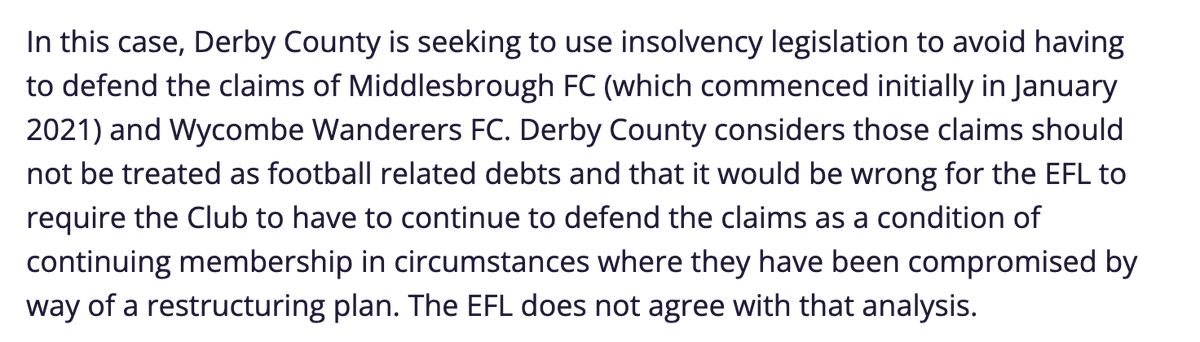 derbycountyblog's tweet image. .@EFL position finally in the open. They side with Boro &amp;amp; Wycombe. 

They point out the terrifying issue of 'tens of millions' in debts and yet still believe that both clubs should be paid off.

And they criticise Quantuma for 'seeking to use insolvency legislation', i.e. the law