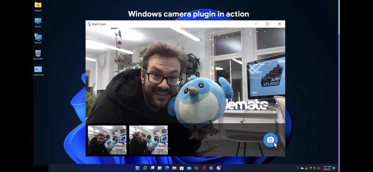 tomgilder's tweet photo. I never thought I’d make it on to a Flutter keynote 😂

Also, yes, we @RebelAppStudio did this: the first preview version of the Windows camera plugin! 🎉

I feel a bit bad about being in the video, all the amazing hard work was done by @jokerttu 💙

https://t.co/SgkE2p47Km https://t.co/72h4uudznR