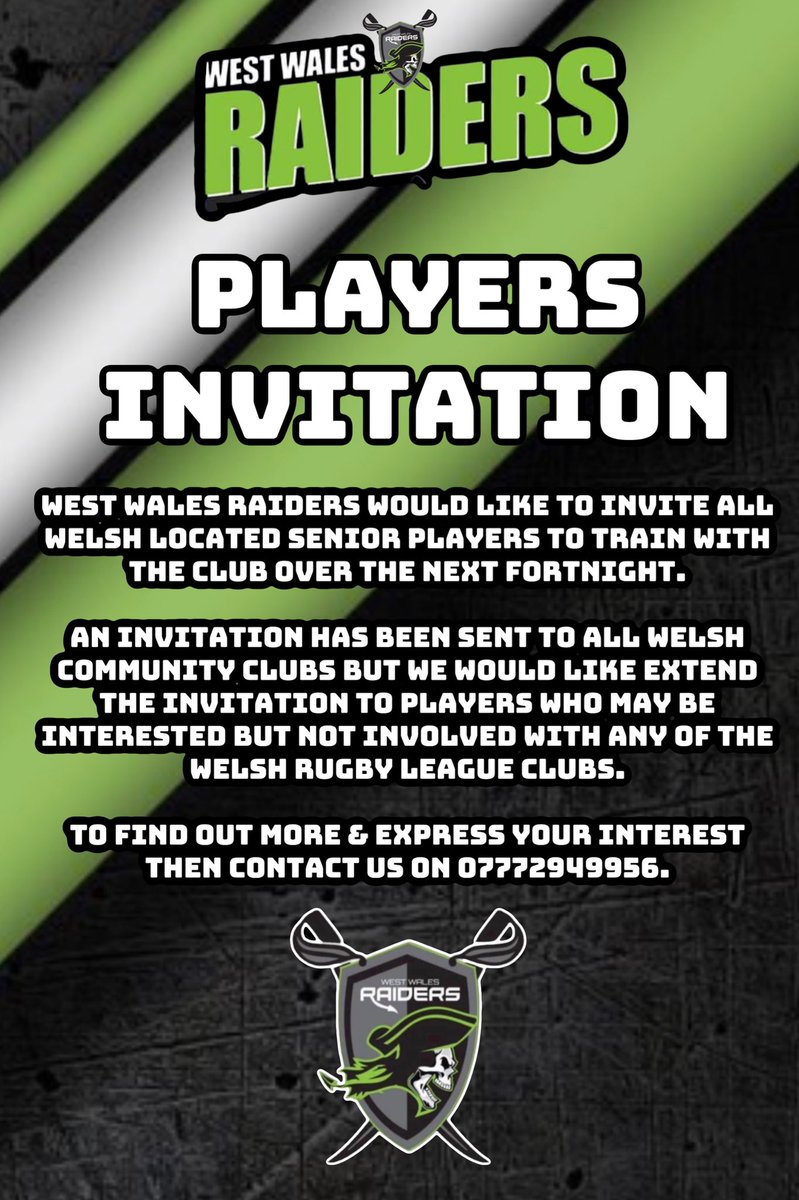 West Wales Raiders would like to invite all senior Welsh players to their training over the next fortnight. There is plenty of talent within the clubs playing in the @WalesRugbyL leagues & after plenty of feedback we would like to welcome all to our training.