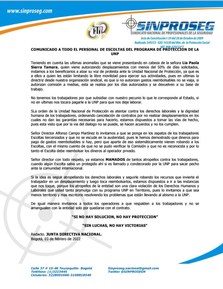 Dónde estará la voz de los beneficiarios <a href="/UNPColombia/">Unidad Nacional de Protección, UNP.</a>  que son mudos cuándo no les conviene <a href="/SINPROSEGN/">SINPROSEG NACIONAL</a> <a href="/cutcolombia/">Central Unitaria de Trabajadores</a> <a href="/CGTCol/">CGT Oficial Colombia</a>