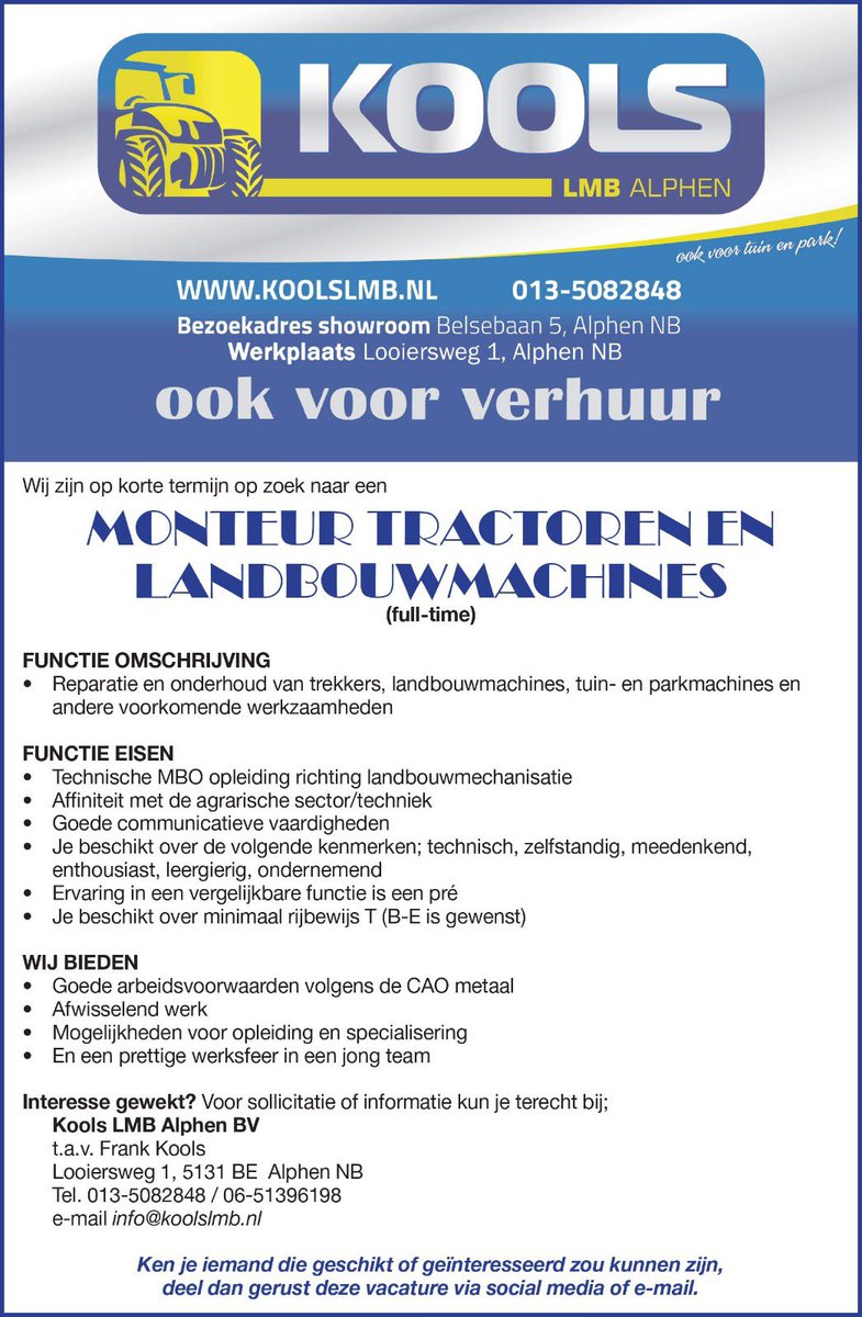 Vacature! Op korte termijn zijn wij op zoek naar een monteur tractoren en landbouwmachines. Ben je geïnteresseerd neem contact op met Frank Kools (zie de advertentie of kijk op onze website: koolslmb.nl/nieuws/vacatur… )