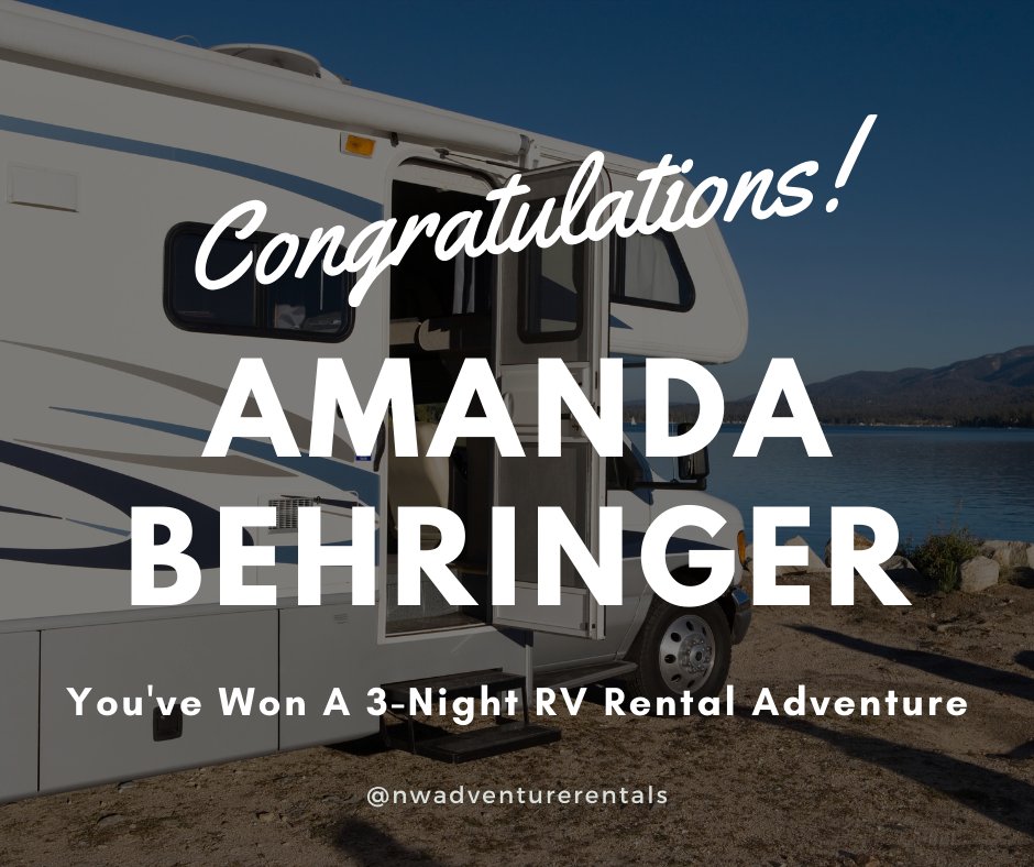 NWadventRentals's tweet photo. Congratulations to Amanda Behringer of Spokane Washington! 

You've won a 3 night RV adventure courtesy of NW Adventure Rentals!

May it be adventure to remember.

#RVshare #myRVshare #RoadDiaries #HomeIsWhereYouParkIt  #LifeOnTheRoad  #RVRental #RVRoadTrip #rving #rv https://t.co/z4MUvD0UCl