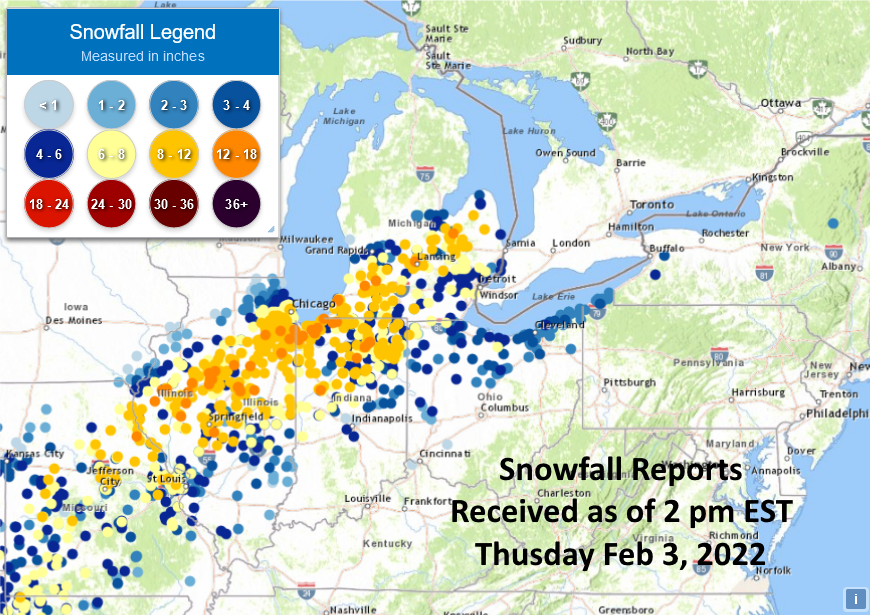 NWSEastern's tweet photo. Snowfall and ice accumulation reports as of 2 pm EST Thursday. Highest snowfall totals by state so far:
IL - Chatsworth 15"
IN - Chesterton 14"
MI - St. Joseph 13.8"
MO - New London 12.2"
OH - Edgerton 8.3"
NY - Springville 4"
PA - McKean 3" https://t.co/WSr4tdG6at
