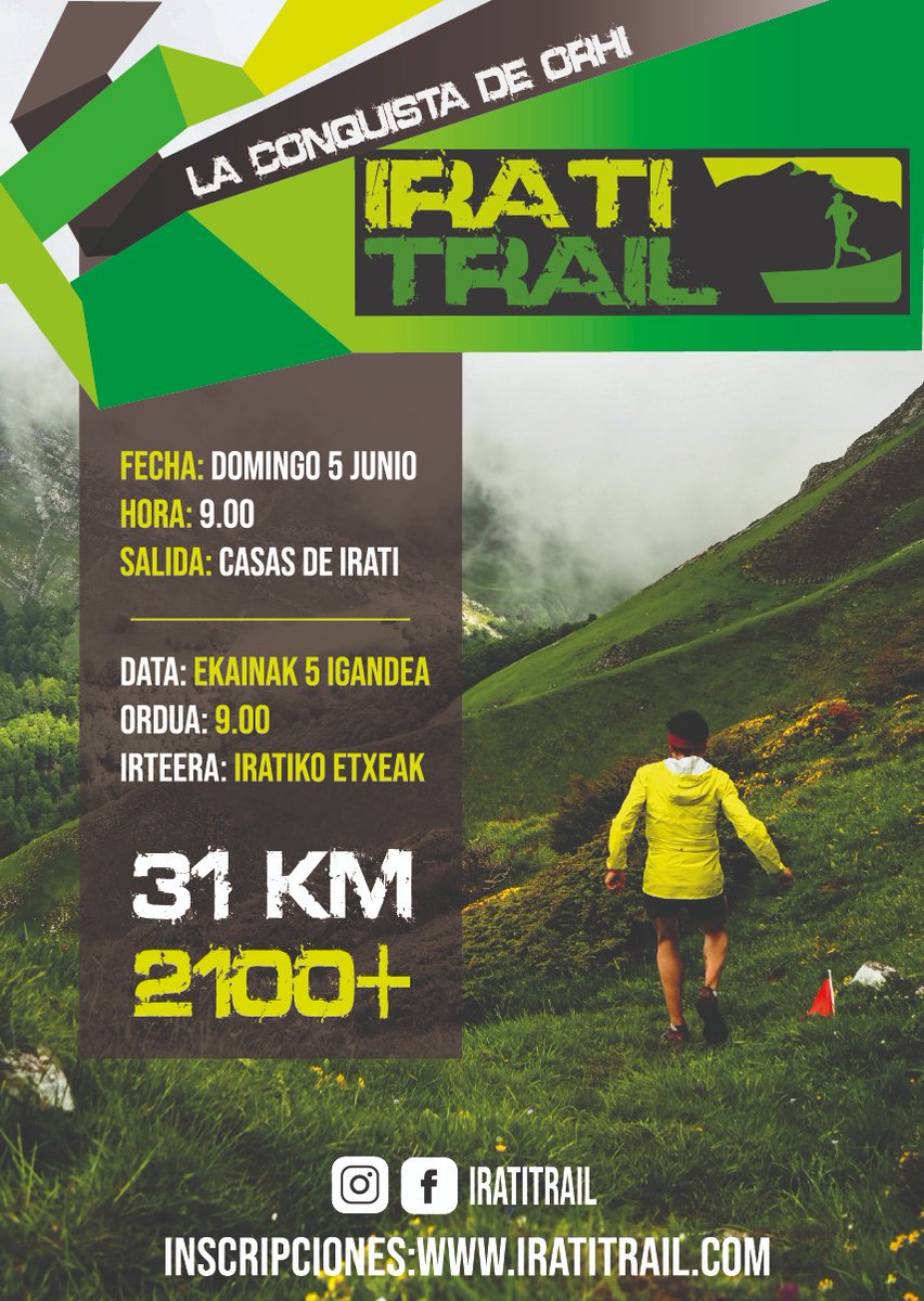 IratiTrail's tweet photo. ⏰ ¡Que no se os pase! ⏰
Este domingo, 6 de febrero, abrimos inscripciones a las 19:00 horas.
¡Orhi os espera!
⛰️🏃🏻‍♀️🏃🏻
#iratitrail22
#orhikotxoriaorhiratira https://t.co/RjORavMIcQ