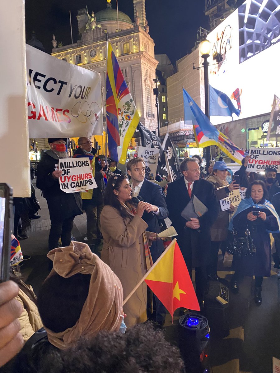 “No one can deny what is happening against the Uyghur people. Genocide.” <a href="/Nus_Ghani/">Nusrat Ghani MP</a> at the #Uyghur protest in London today. 👏#GenocideGames #UyghurGenocide