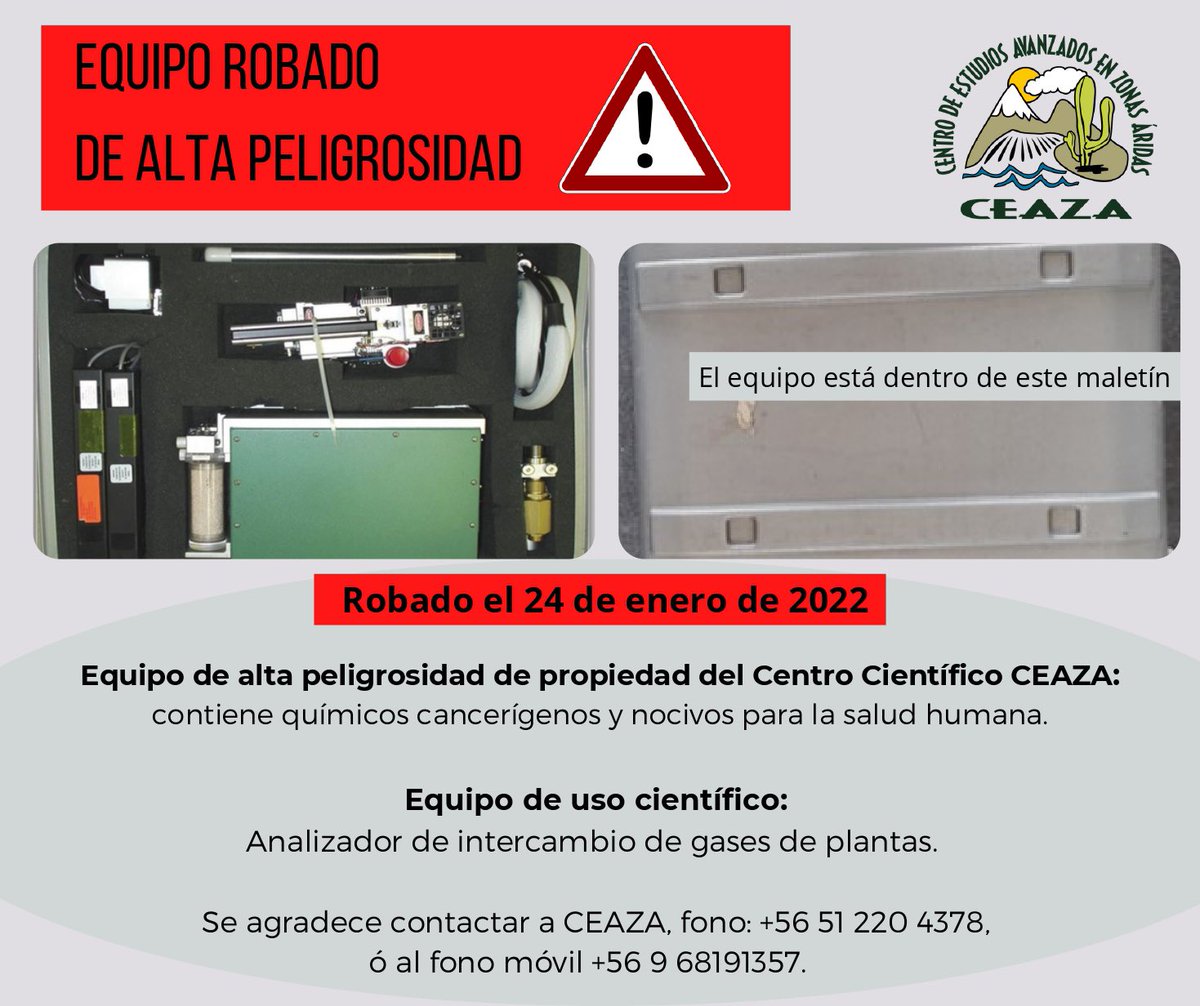 cienciaceaza's tweet photo. Estimada comunidad:
Les agradecemos cualquier información sobre este equipo robado. ⛔️Es peligroso si no se sabe manipular ya que contiene químicos nocivos para la salud humana.  
Agradecemos que puedan compartir 🙏 https://t.co/mv8HXG1DAT