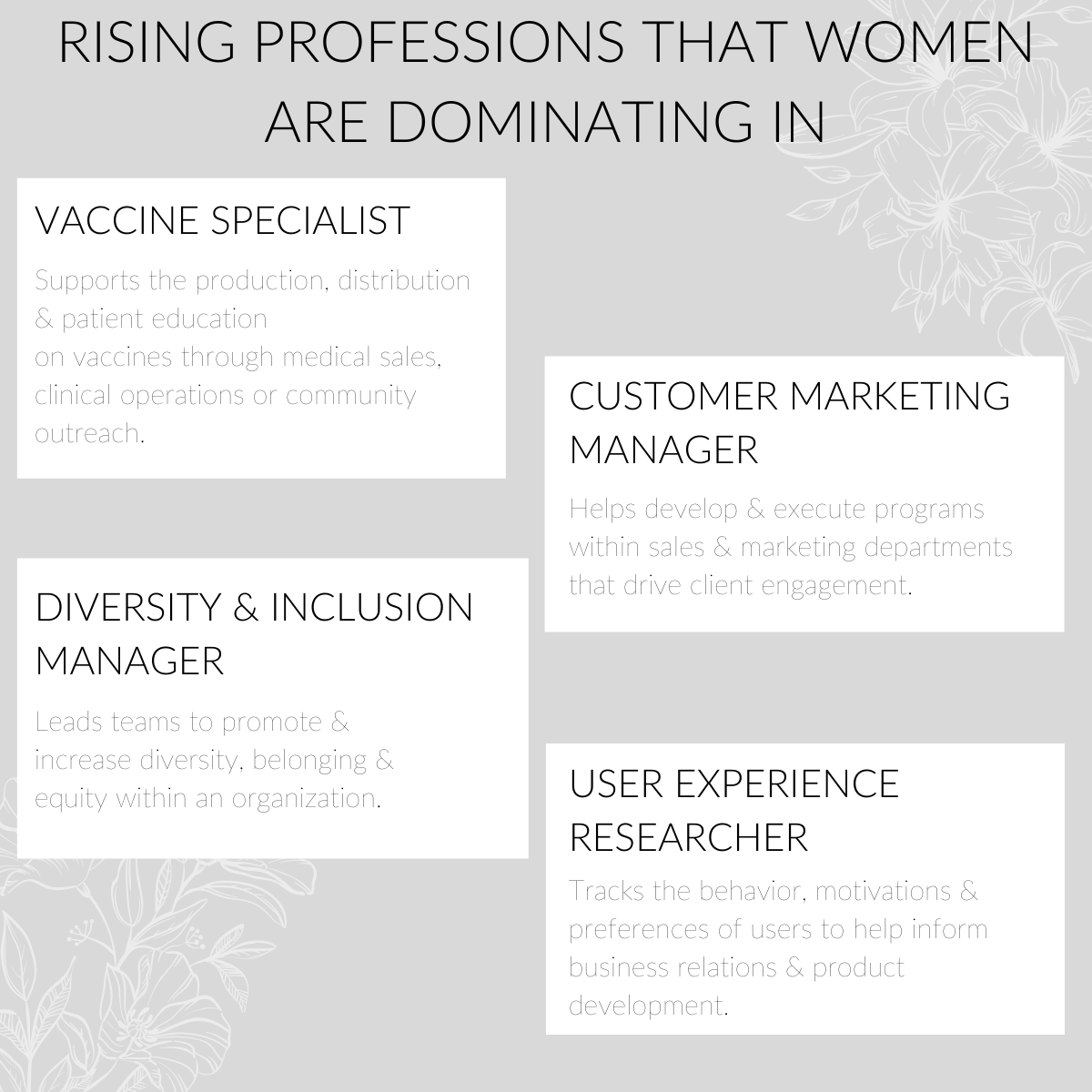NoraGardnerInfo's tweet photo. 2022 is a new year, which results in new needs, for different roles. Here are some roles on the rise where women are dominating! https://t.co/qIKr3ARPXt
