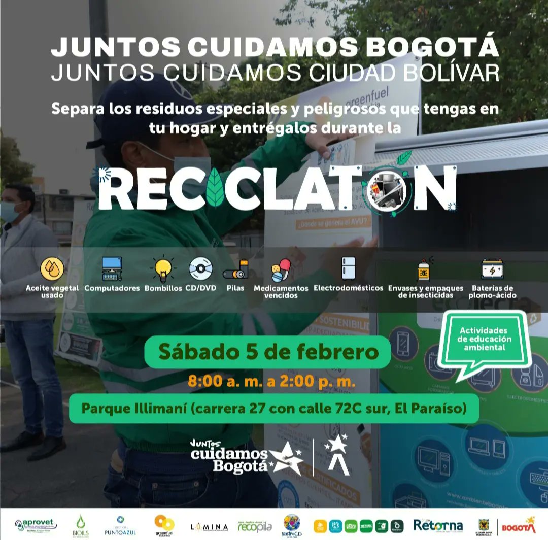 Aprovetco's tweet photo. RECICLATON
Próxima Jornada de recolección de residuos posconsumo que se llevará a cabo en Bogotá en la localidad de Ciudad Bolívar..

¡AGENDATE!

1. Fecha: Sábado 5 de Febrero 
2. Hora: 8:00 am a 2:00 pm 
3. Lugar: Parque Illimaní (Carrera 27 con calle 72C sur, EL Paraíso) https://t.co/Yvyre09ulo
