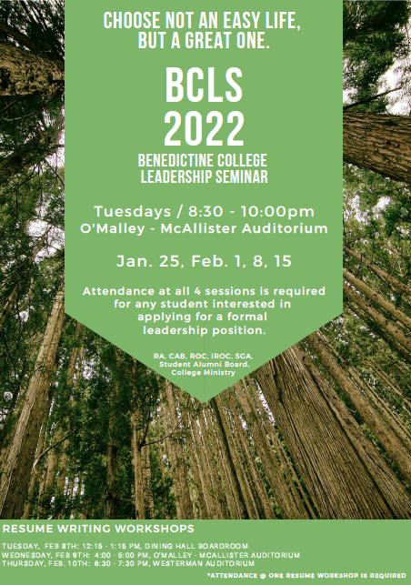 BCRavensStuLife's tweet photo. BCLS 2022 is here! The Benedictine College Leadership Seminar is open to all students and is required for any student interested in applying for formal leadership positions for the following year. https://t.co/kpDa6AXVOp