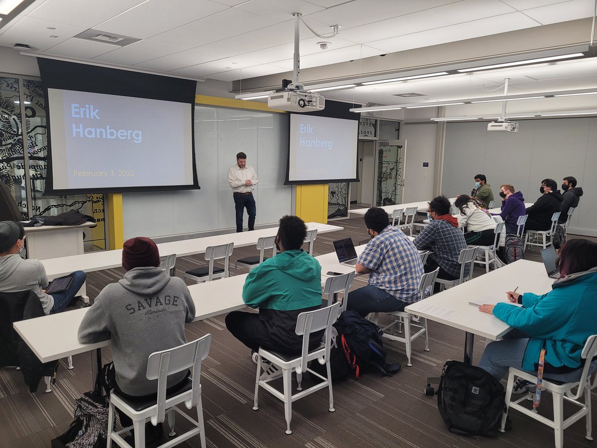 Closing in on normality. Vaxed, students masked and seperated, distanced. Author Erik Handberg speaks to my Entrpreneurship class.