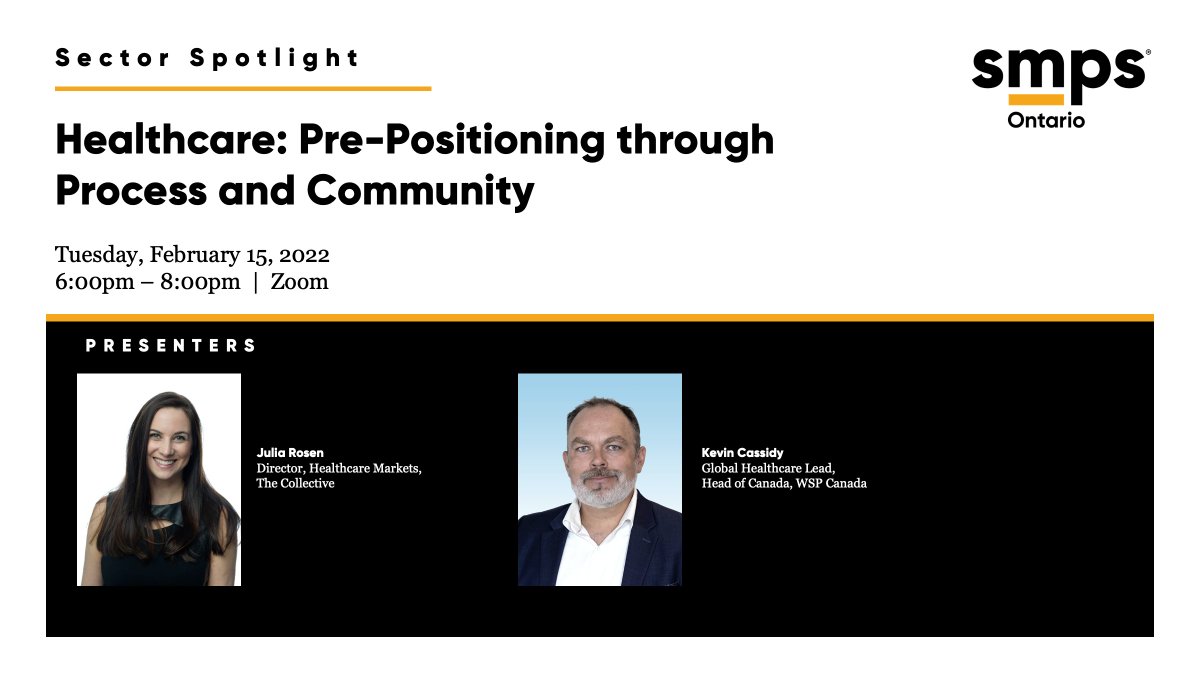 SMPSOntario's tweet photo. Early bird rates end tomorrow! Join #SMPSON on February 15 as we feature our Sector Spotlight on Healthcare, presented by Julia Rosen and Kevin Cassidy. Register today https://t.co/UTRfj6CiYe
#SMPS #AEC #architecture #engineering #construction #marketing #businessdevelopment https://t.co/hxDWhW5lpm