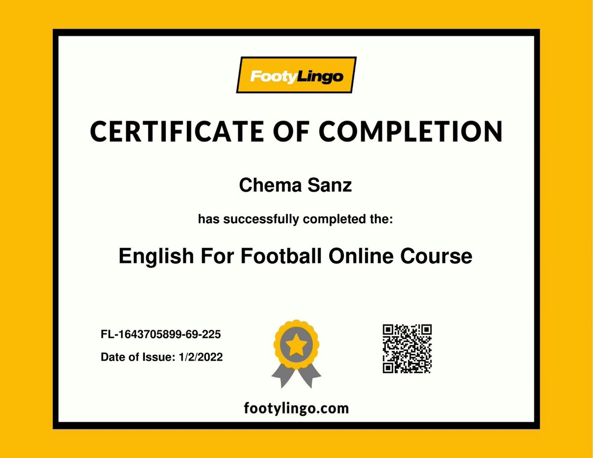josanz35's tweet photo. Very happy to have completed the @FootyLingo English for Football Online Course, I recommend it to all coaches who need to improve their English! https://t.co/ec1kYS2XDa