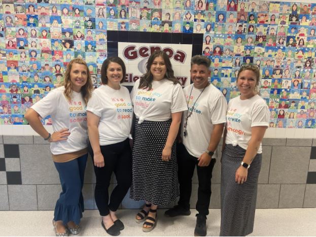 GenoaSchools's tweet photo. We love our Elementary Essentials Team! They celebrate students’ different kinds of learning and offer a creative break from their classroom. From left: Stephanie Combs- Art, Lizzie Wilcox- Library, Chelsea Wyss- Music, Randy Grosjean- Gym, Bethany Foos- Technology https://t.co/T7KF23Qdhh