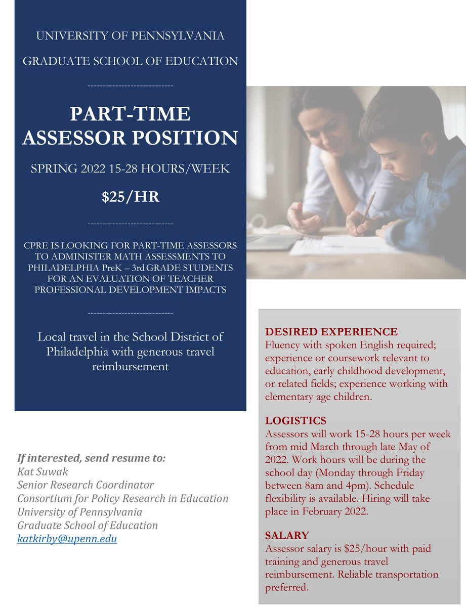 Consortium for Policy Research in Education (CPRE) (@cpreresearch) on Twitter photo CPRE is looking for part-time assessors to administer math assessment to Philadelphia PreK–3rd grade students for an evaluation of teacher professional development impacts.
If interested, send resume to Kat Suwak at: katkirby@upenn.edu CPRE is looking for part-time assessors to administer math assessment to Philadelphia PreK–3rd grade students for an evaluation of teacher professional development impacts.
If interested, send resume to Kat Suwak at: katkirby@upenn.edu