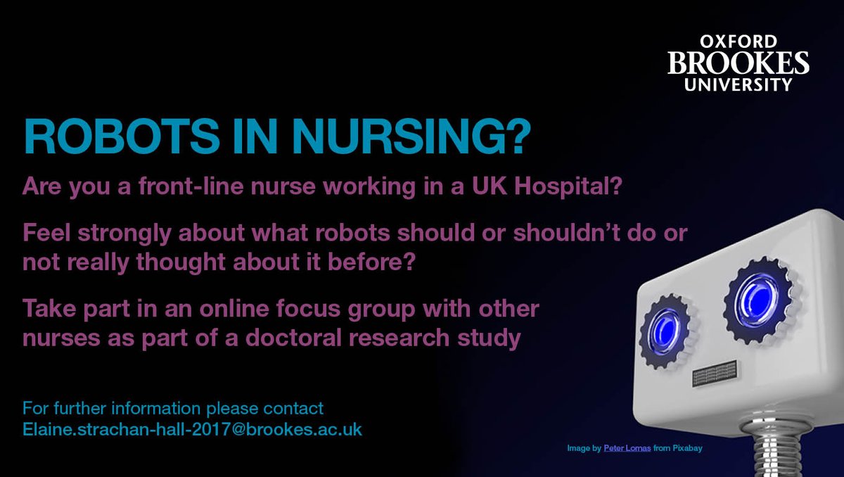 Ninety minutes to influence future nursing? I'm keen that nurses have a voice on the future role of robots in nursing. Inviting front-line hospital nurses to join a one-off online focus group to discuss robotics in nursing. Please retweet to reach interested nurses