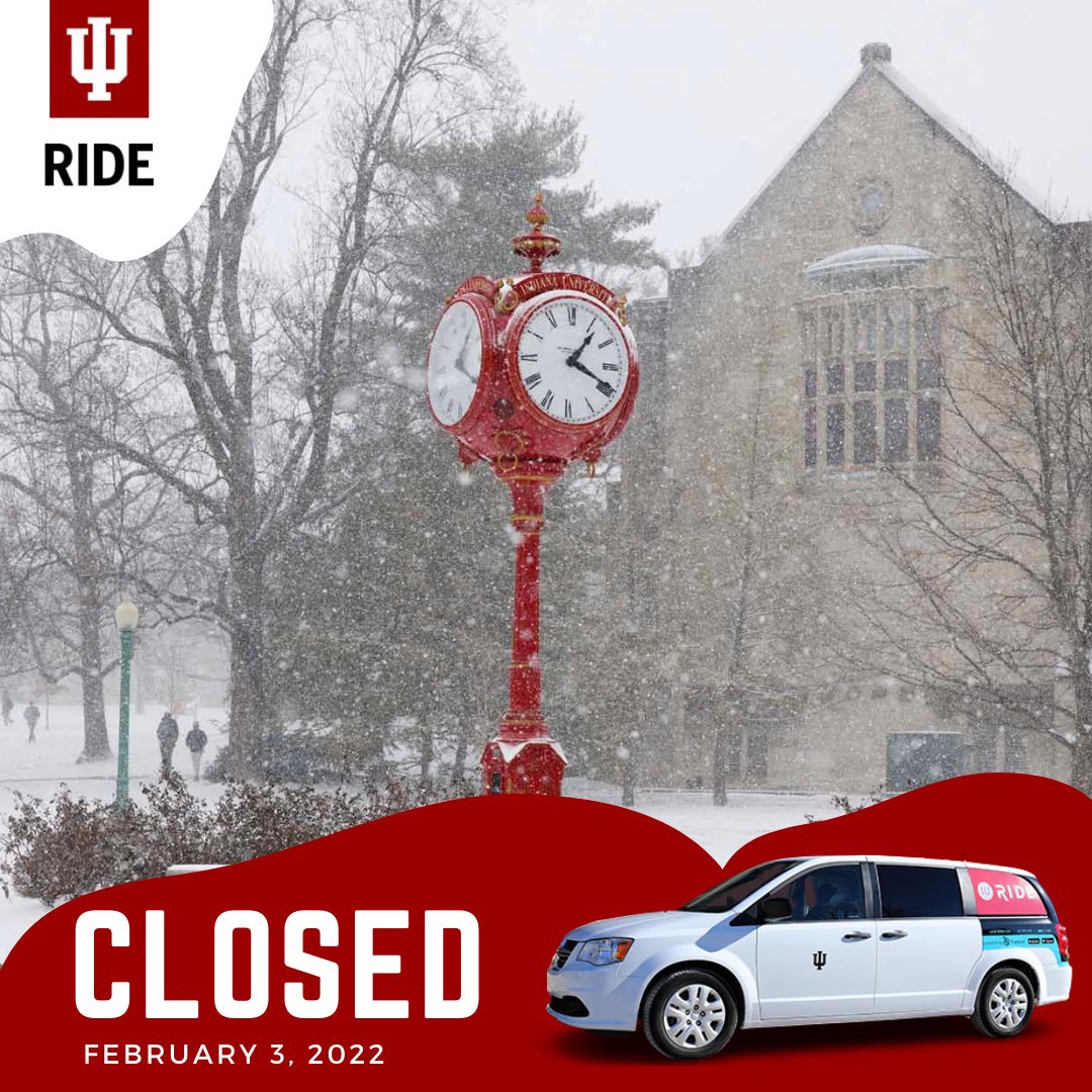 IU Ride (@iu_ride) on Twitter photo We will not operate tonight, February 3, 2022 due to the county travel warning.
Stay safe and avoid unnecessary travel is possible.
<a href="/IUTransport/">IU Transportation</a> We will not operate tonight, February 3, 2022 due to the county travel warning.
Stay safe and avoid unnecessary travel is possible.
<a href="/IUTransport/">IU Transportation</a>