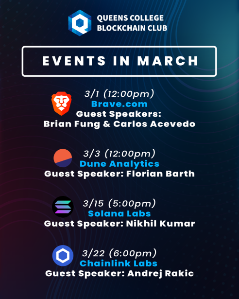QCNYBlockchain's tweet photo. Our planned events for Spring 2022! (More info on our Yat; link in bio)

We're so grateful for all our partners: @marcelc63 @0xPolygon @brave @DuneAnalytics @_CarlosAce_ @solana @nkumar23 @chainlink @Andrej_Dev
@ModernVisi0nary Prof. Kenny! https://t.co/fVSWH02v2Y