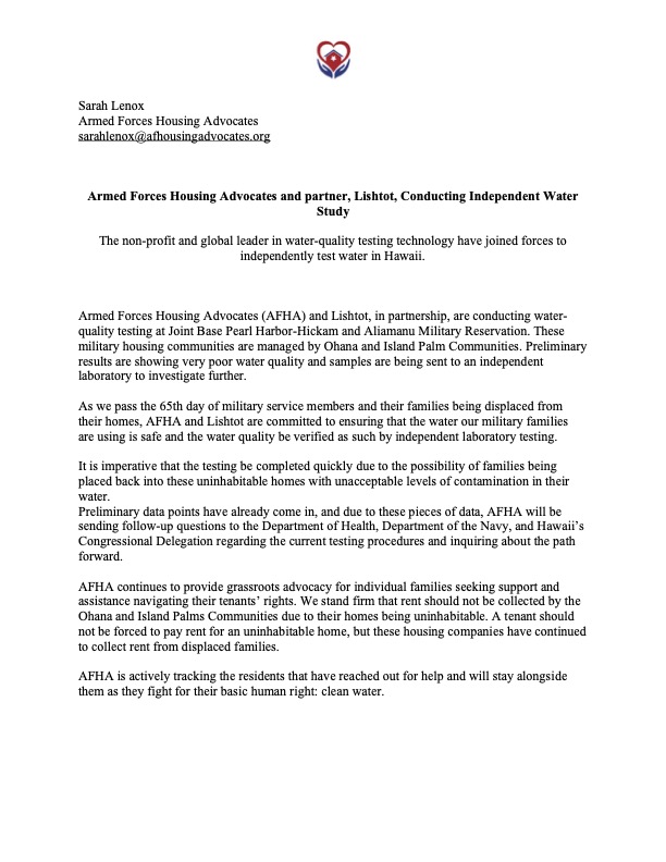 Armed Forces Housing Advocates and partner, Lishtot, Conducting Independent Water Study

<a href="/lishtot/">Lishtot</a> 

#endmhpi #webelieveyou #militaryfamilies #hawaii