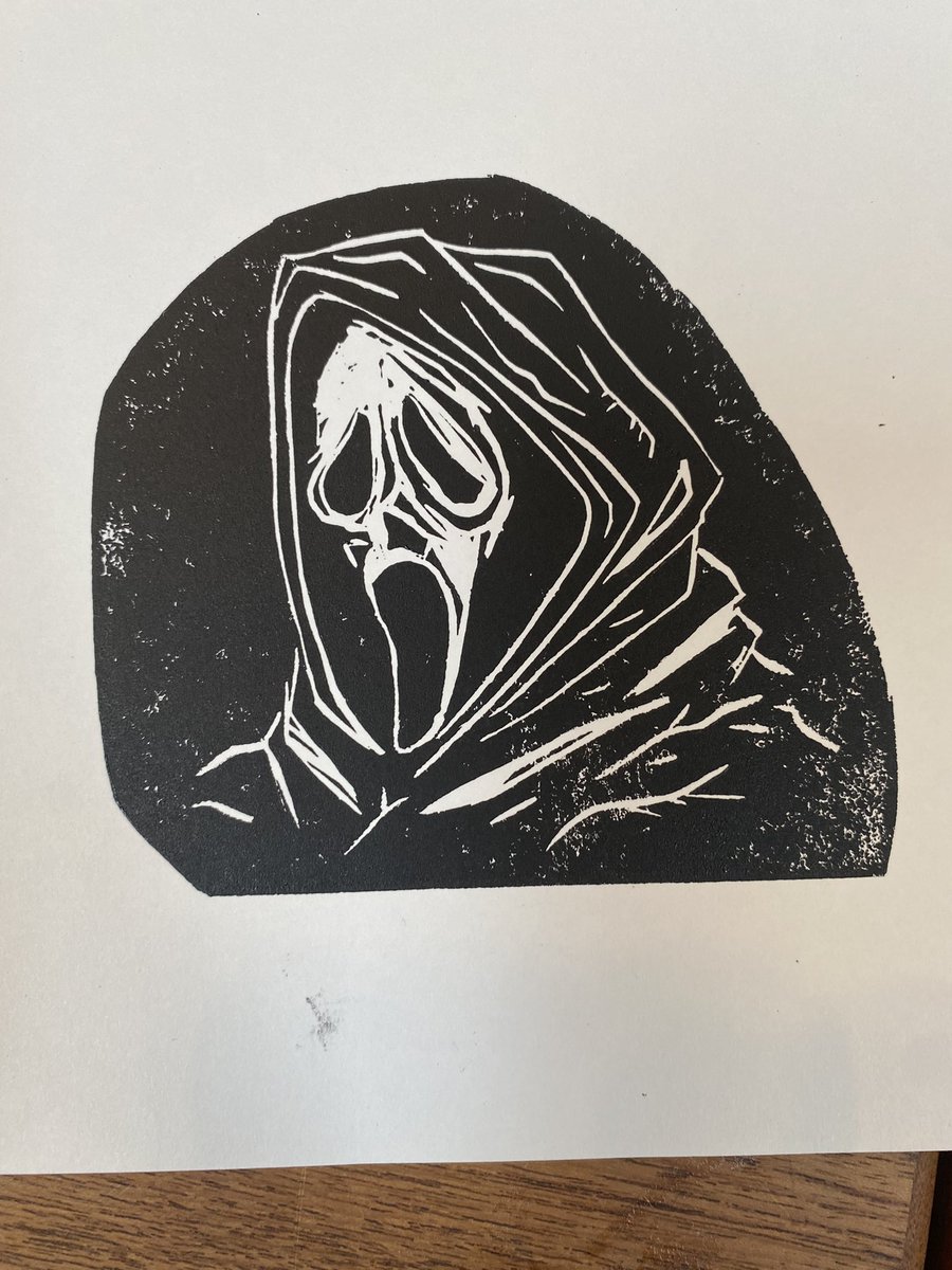 KyleGallner's tweet photo. In honor of the scream sequel here is a little print I carved up today. Congrats to everyone involved! 
🩸🩸🩸🩸🩸🩸🖤🖤🖤🖤🖤🖤
#scream #ScreamMovie https://t.co/9M7ONetlsk
