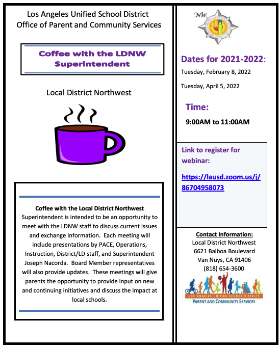 ClevelandcosL's tweet photo. Join us for Coffee with the Superintendent! @LASchoolsNW @ScottAtLAUSD @NickMelvoinBD4 https://t.co/nzPb9BPfRv