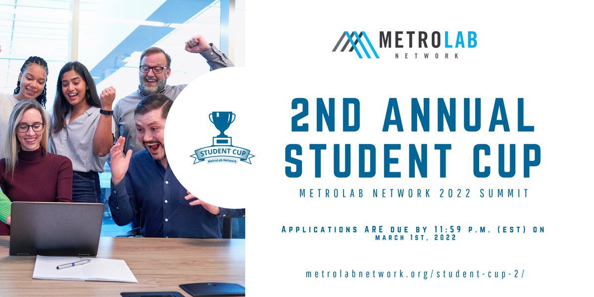 MetroLabNetwork's tweet photo. 📢Application open❗️
For the 2nd Annual 🏆 #MetroLabStudentCup, we are looking for student projects that provide✍️🏾new analysis, policy, or technical insights to #Civic challenges.
Applications are due by ⏲️ 11:59 p.m. (EST) on 🗓️ March 1.
More details: https://t.co/oGFac4uc2A https://t.co/zFyVCOXCrW