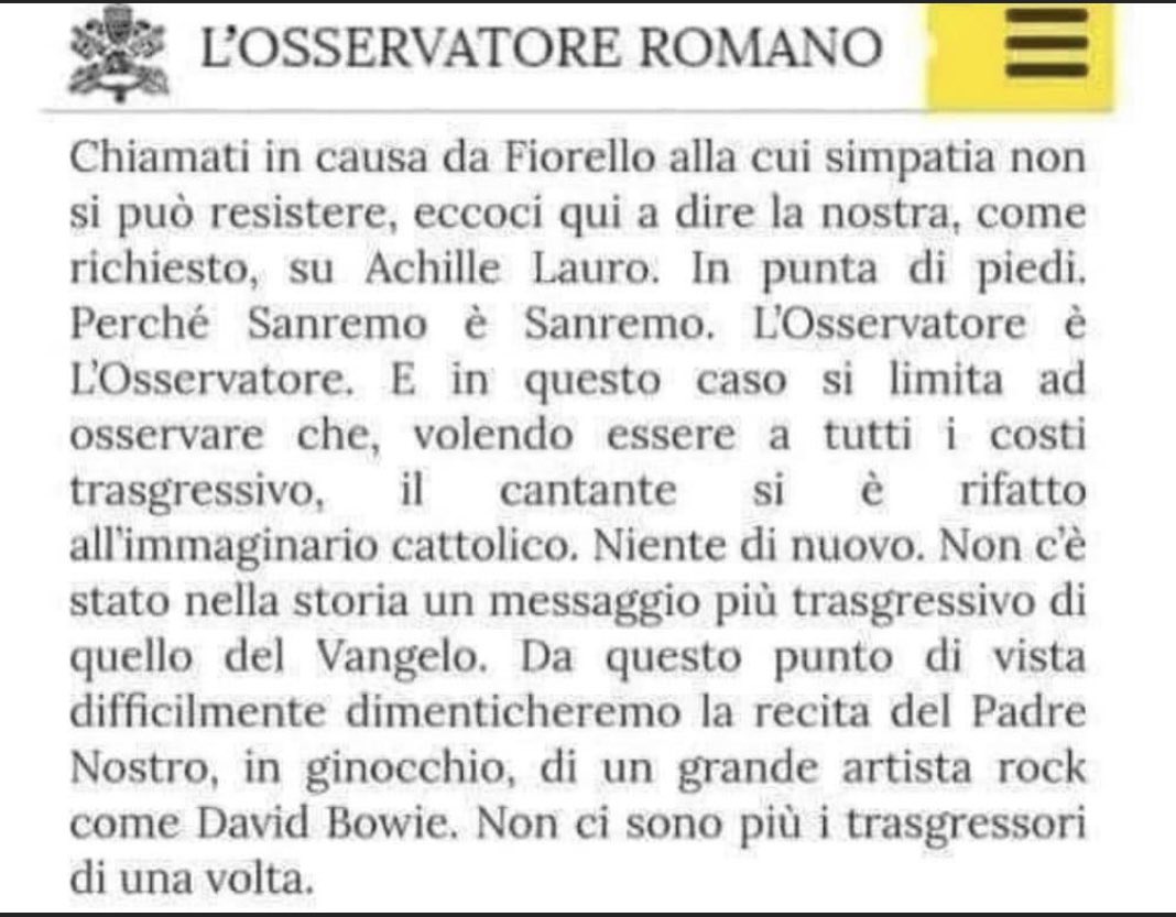 gsantambrogio1's tweet photo. La risposta odierna dell’Osservatore Romano è perfetta, geniale ed ironica. 
Chapeau 😎!!!
#Sanremo2022 #AchilleLauro #PapaFrancesco 
@Pontifex_it @MassimoGiordani @sassi_mario @Clazzati @eleonoragraffio @retailwatch_it @g_caprotti @dariodivico @erealacci @DanieleCazzani https://t.co/1HVN8BoGpg