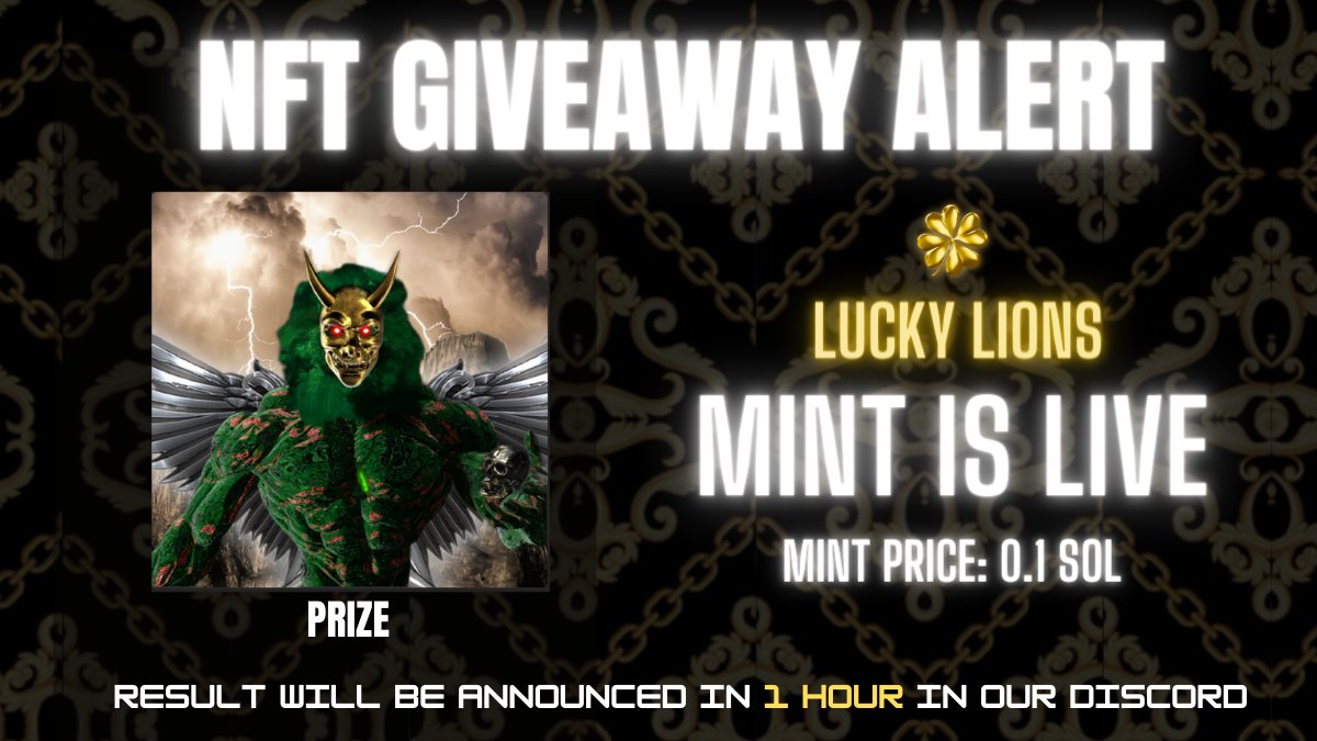 luckylions's tweet photo. 1 HOUR GIVEAWAY ALERT🚨

1⃣Follow @luckylions on twitter
2⃣QUOTE Retweet this tweet
3⃣Tag 3 people in the comments and your discord name
4⃣Join our discord community
5⃣Winner will be announced in 1 Hour

MINT YOUR LION: https://t.co/YhSmDQDVGW

#SolanaNFTs #sol #solanagiveaway https://t.co/OPdatUU6f0