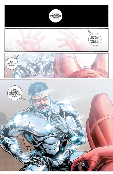 I'll make a thread about that moment in Superior Iron Man
So the basic situation was Matt getting his sight back for a short while and what he did was he looked outside, glanced at himself and immediately called Foggy 