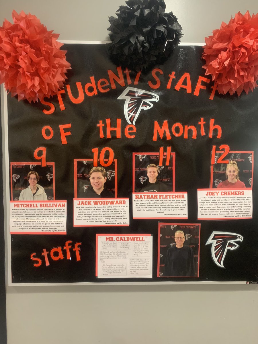 HERE IT IS🎉 High School Students/Teacher of the Month!!  Keep up the great work!  🎉 #thefalconway