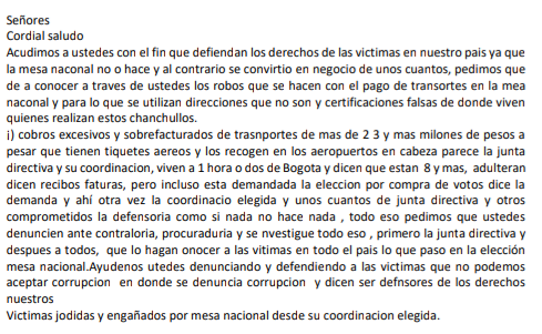 ComisionColDH's tweet photo. #DENUNCIACiudadana, anónimo nos escribe y relata presunto despilfarro de recursos y compra de votos en la Mesa Nacional de Víctimas. Graves acusaciones que de ser ciertas, ameritan abrir las investigaciones necesarias. 
@PGN_COL @CGR_Colombia @FiscaliaCol @UnidadVictimas https://t.co/OuVpMT2qw5