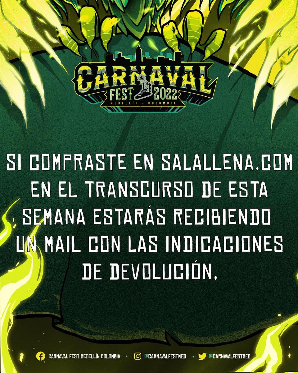 carnavalfestmed's tweet photo. Información sobre la devolución de boletería de Carnaval Fest en puntos físicos, domicilios y @Salallenacom. https://t.co/buDTIioRsV