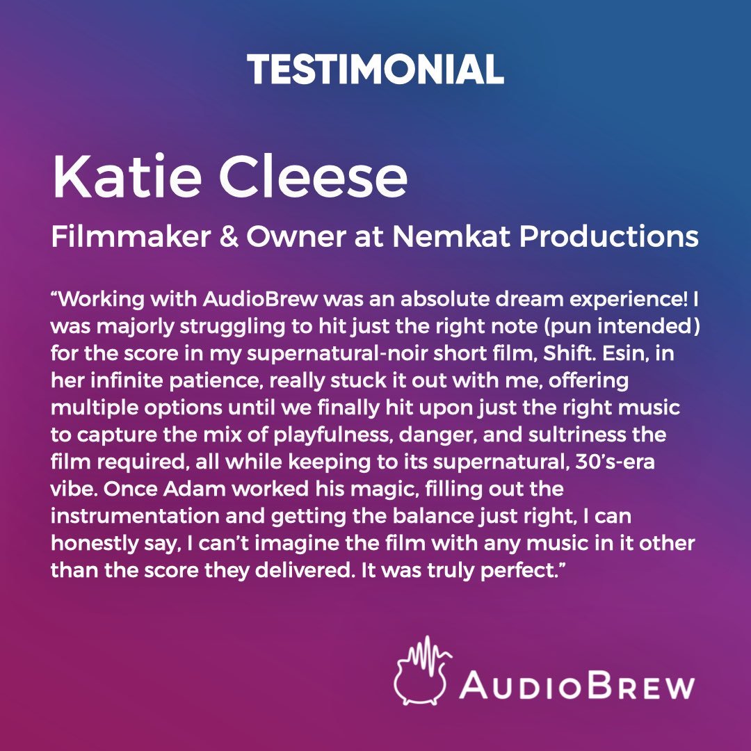 Not only has Katie Cleese become a great client of ours with her two amazing films, Shift and 5 Years Gone, she has also turned into a wonderful friend. Thank you Katie for the kind words 🙏🏻 Here is a little bit of what she has to say about working with AudioBrew! ❤️ #testimonial