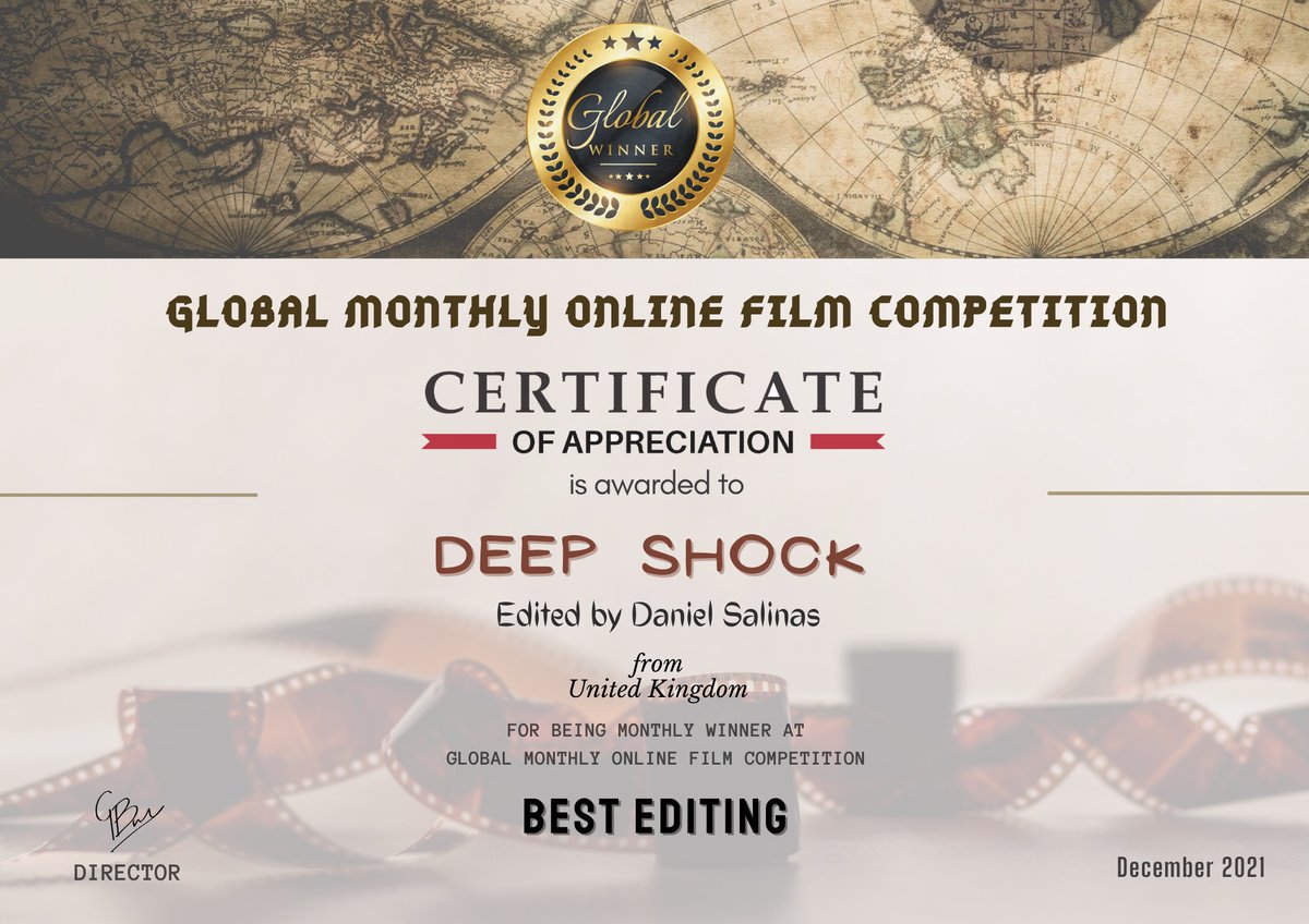 And here you can see the 'Best Editing' award that "Deep Shock" has won in the "Global Monthly Online Film Competition" of New Delhi (India).
Congratulations to <a href="/DassalFX/">Daniel Salinas</a>!!!