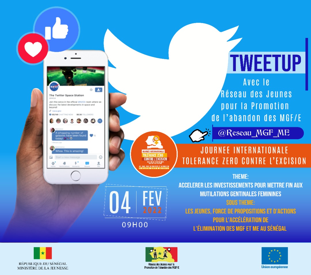 Rendez-vous ce Vendredi 04 février avec le Réseau des Jeunes à partir de 9h pour un Tweet Up sur le thème : La problématique de l'excision au Sénégal. 
#StopMGF #youthendfgm #EndFGM 
<a href="/UEauSenegal/">UE au Sénégal</a> <a href="/ministerejeune/">Ministère de la Jeunesse</a> @MFFG_SN