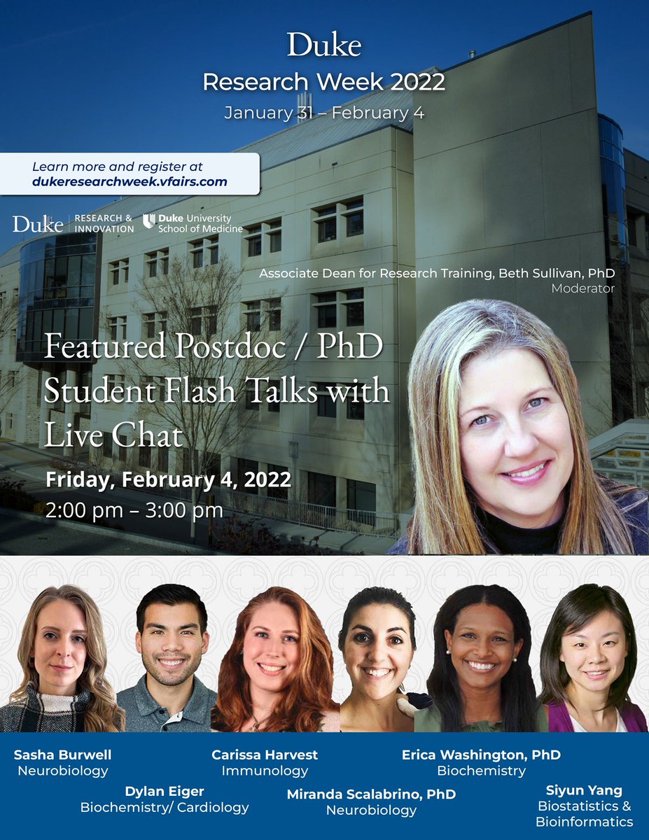 Duke University Postdoc Association (@dukepostdocs) on Twitter photo Looking forward to hearing postdocs <a href="/icanhasMiranda/">Miranda Scalabrino, PhD</a> and <a href="/erica_washi/">The Washington Lab</a> tomorrow to close out an amazing Duke Research Week! Registration: dukeresearchweek.vfairs.com/en/register Looking forward to hearing postdocs <a href="/icanhasMiranda/">Miranda Scalabrino, PhD</a> and <a href="/erica_washi/">The Washington Lab</a> tomorrow to close out an amazing Duke Research Week! Registration: dukeresearchweek.vfairs.com/en/register