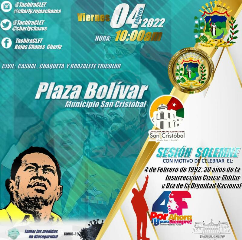 Celebración en la #PlazaBolívar de #SanCristóbal de los 30 años de la Insurrección Cívico Militar y Día de La Dignidad Nacional #4F 
<a href="/FreddyBernal/">Freddy Bernal</a> <a href="/KaremDeBernal/">Karem Durán de Bernal</a> <a href="/charlychaves/">Charly Rojas Chaves</a> <a href="/jghuerfanoo/">Jiuvant Huerfano</a> <a href="/arguelloyepfri/">Yepfri Arguello</a> <a href="/NellyverLugo/">Nellyver Lugo</a> @tachira_gmas <a href="/GamezDiogenes/">DIOGENES GAMEZ MORALES</a>
#SoyComunicadorClap