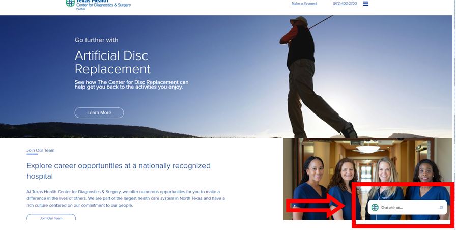 TXHealthSurgery's tweet photo. Have a question or need a quick answer?  Jump over to our website and click on the online chat feature in the bottom right corner.  https://t.co/SEL9KfBmmc
#Hospital #OrthopedicHospital #DiscReplacement #EndoscopicSpineSurgery #JointReplacement https://t.co/xznvn6JOaH