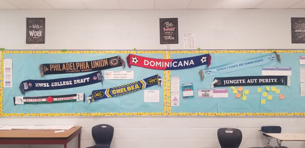 CoachFlowe's tweet photo. My 9th grade room. 
Been adding soccer scarfs with teams I like plus nationalities of my students.  I'd like to grow it. Anyone have any soccer scarfs they'd like to donate my class room.
#phled #PHL 

RT https://t.co/PprCEMWCA7