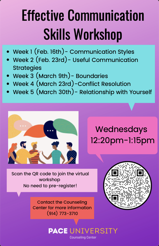 engage_paceplv's tweet photo. Happy Thursday, #setters! We wanted to share some awesome activities that Counseling Center Services is hosting for folks. Check out the flyers and mark your calendars for an exciting semester. https://t.co/ONEQe4m4Pp