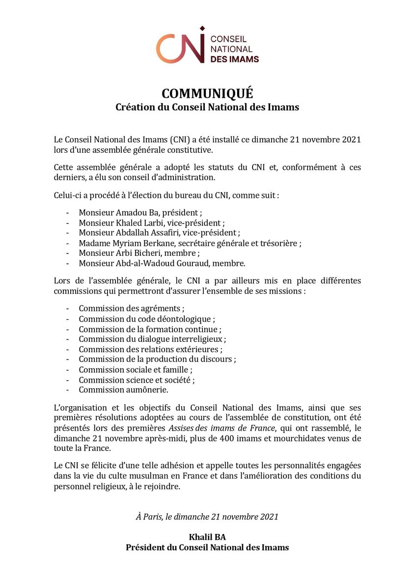 CniImams's tweet photo. 21 novembre 2021
Les membres élus du bureau et les commissions du Conseil National des Imams #CNI. https://t.co/qAIGSZ1pBN