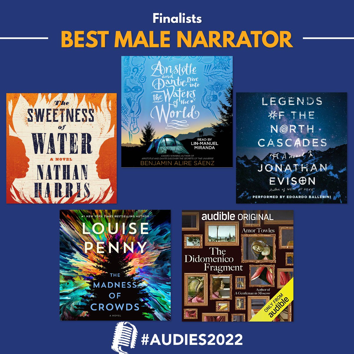 audiobooks's tweet photo. Congratulations to our Best Male Narrator #Audies2022 finalists! @simonaudio @workmanaudio @audible_com @MacmillanAudio @HachetteAudio https://t.co/DUEQ78FCGH