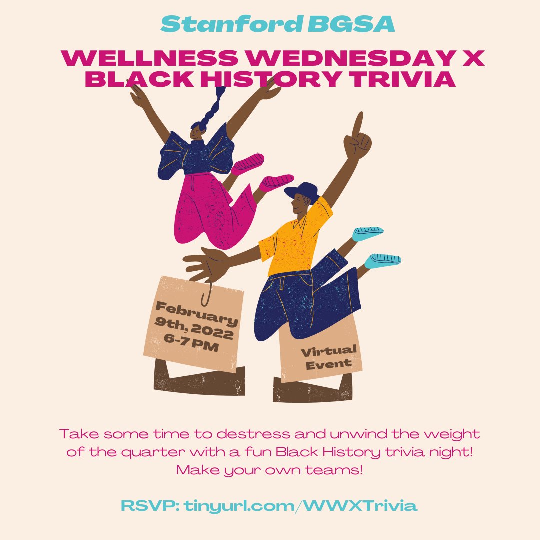 Take some time to recenter and have some fun with your BGSA fam at our Wellness Wednesday X Black History Trivia night! 
Do you have what it takes to be top 2, but ain't number 2 when it comes to all things Black? Come find out!

RSVP with your teams here: tinyurl.com/WWXTrivia