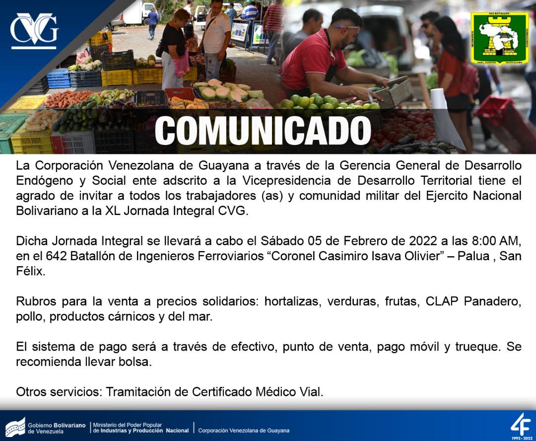64 Brigada de Ingenieros Ferroviarios (@64_brigada) on Twitter photo 📢 #Entérate || En coordinación con la <a href="/CVG_Oficial/">Corporación Venezolana de Guayana - CVG</a> la <a href="/64_brigada/">64 Brigada de Ingenieros Ferroviarios</a> a través del <a href="/EJB_642BINGF/">642 Batallón de Ingeniero Ferroviario</a> Unidad adscrita a este Comando Superior, realizará la 1era Jornada Social a Cielo Abierto este #5Feb. Nada nos detiene ¡Venceremos!.
#ProduccionSoberana
#ProducirEsVencer #03Feb 📢 #Entérate || En coordinación con la <a href="/CVG_Oficial/">Corporación Venezolana de Guayana - CVG</a> la <a href="/64_brigada/">64 Brigada de Ingenieros Ferroviarios</a> a través del <a href="/EJB_642BINGF/">642 Batallón de Ingeniero Ferroviario</a> Unidad adscrita a este Comando Superior, realizará la 1era Jornada Social a Cielo Abierto este #5Feb. Nada nos detiene ¡Venceremos!.
#ProduccionSoberana
#ProducirEsVencer #03Feb
