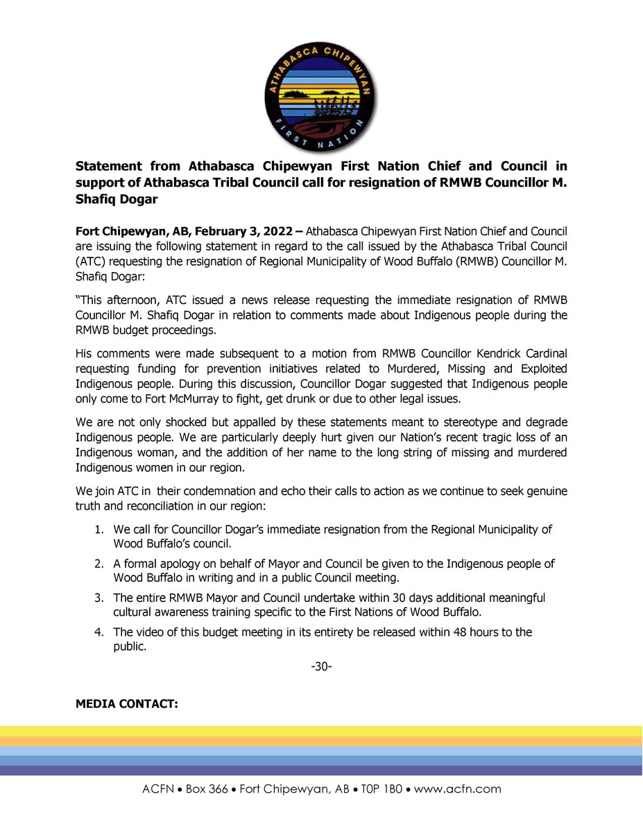 ACFN_KaiTaile's tweet photo. Statement from Athabasca Chipewyan First Nation Chief and Council in support of Athabasca Tribal Council call for resignation of RMWB Councillor M. Shafiq Dogar #ymm #rmwb #abpoli https://t.co/HjXdvQOcJt