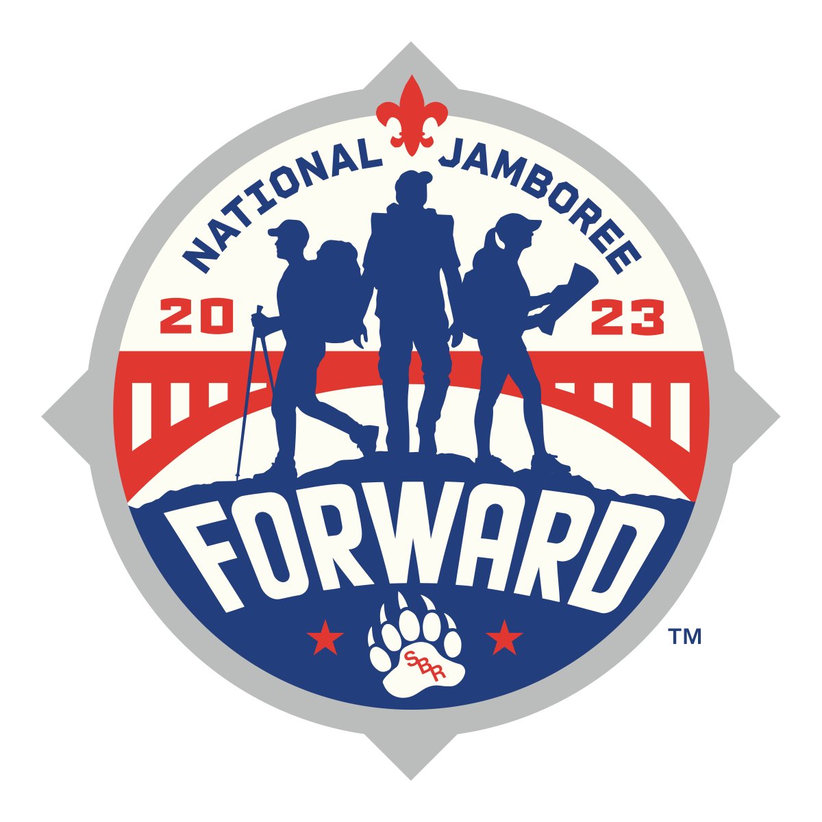 boyscouts's tweet photo. This is the official #NatJamboree23 theme, logo, and patch design! Announcing "Forward" - a bold look ahead for Jamboree participants as they prep for a future of character and leadership. And be sure to check out @natjamboree23 for more great updates! https://t.co/l9A09sKORP