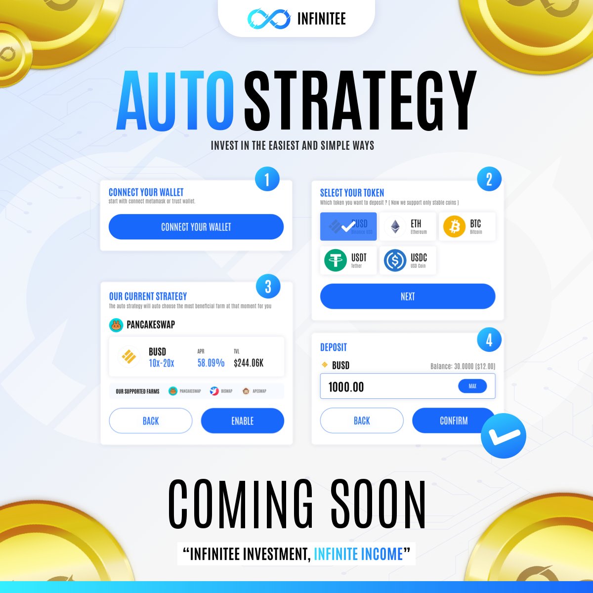 Infinitee Auto Strategy is coming! 🤩

Watch your funds grow with auto find the best yield farm at the moment 🤖

We're in heavily testing on👩‍🎨 UI/UX and 🧑‍💻 Smart contract developing now, Stay tuned!

#BSC #BSCGem #BNB #Infinitee