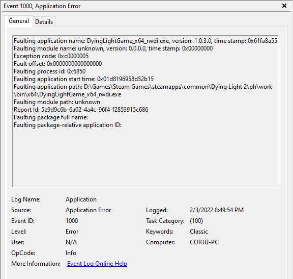 Darkman0198's tweet photo. @Techland @DyingLightGame Not sure how many people are having this issue &amp; have tried looking into it, but it appears on my system it crashes when loading into a new game every time. Here's my event viewer log (Exception code: 0xc0000005), have R9 3900x, 32GB 3600MHz, RTX 3070TI https://t.co/SJBxKkjqlN