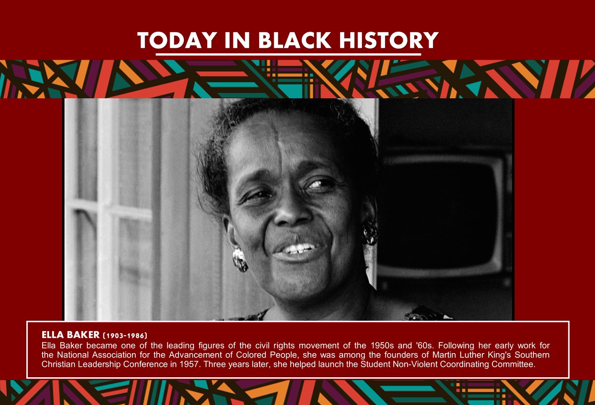 #BlackHistoryMonth Ella Baker was a leading figure of the civil rights movement. Following her early work for the <a href="/NAACP/">NAACP</a>, she was among the founders of the <a href="/NationalSCLC/">SCLC</a> in 1957. Three years later, she helped launch the Student Non-Violent Coordinating Committee.