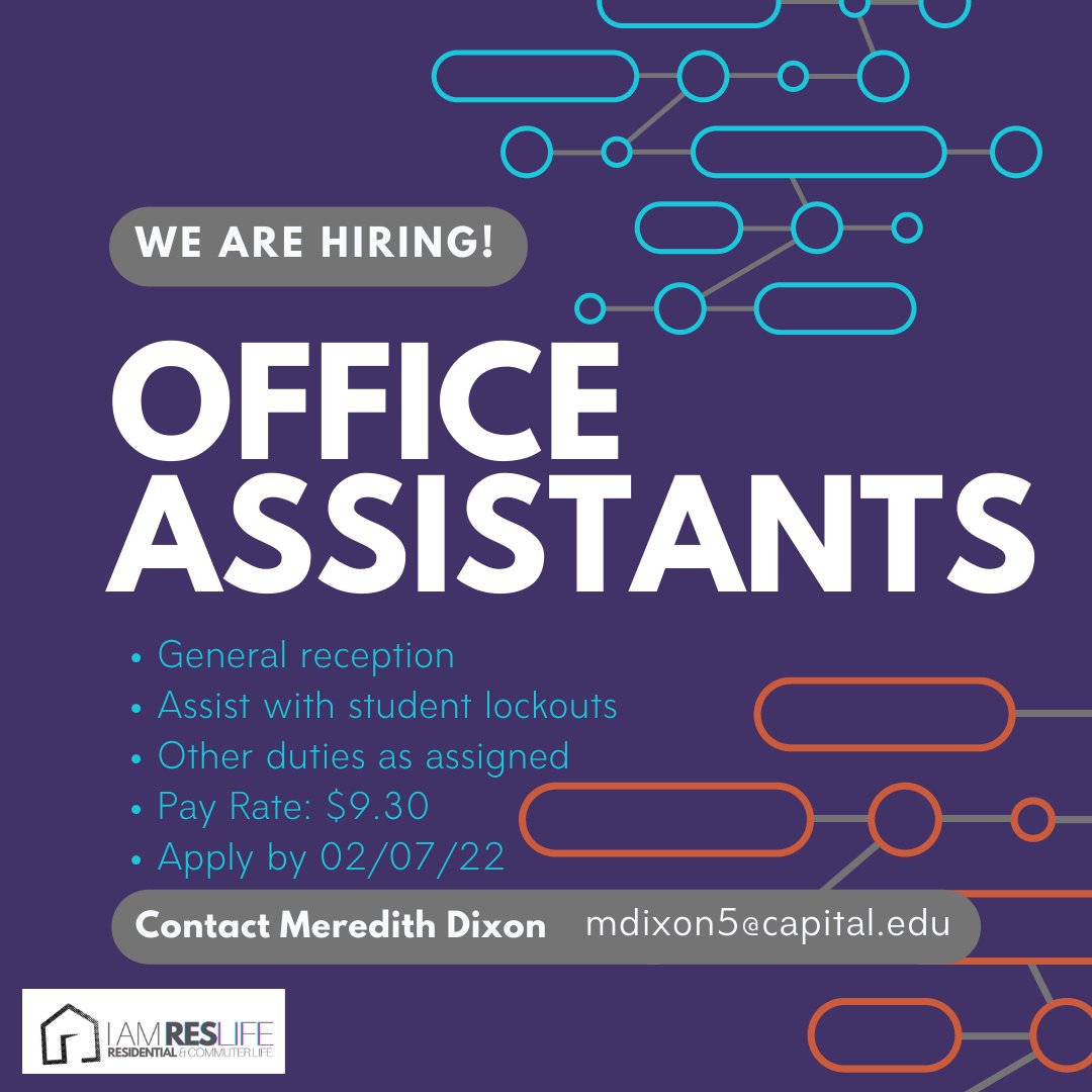 We're hiring for office assistants here at the Office of Residential &amp; Commuter Life! E-mail Meredith Dixon (mdixon5@capital.edu) if you are interested in applying. Applications are due by February 17th, 2022.

#capreslife #LiveConnected